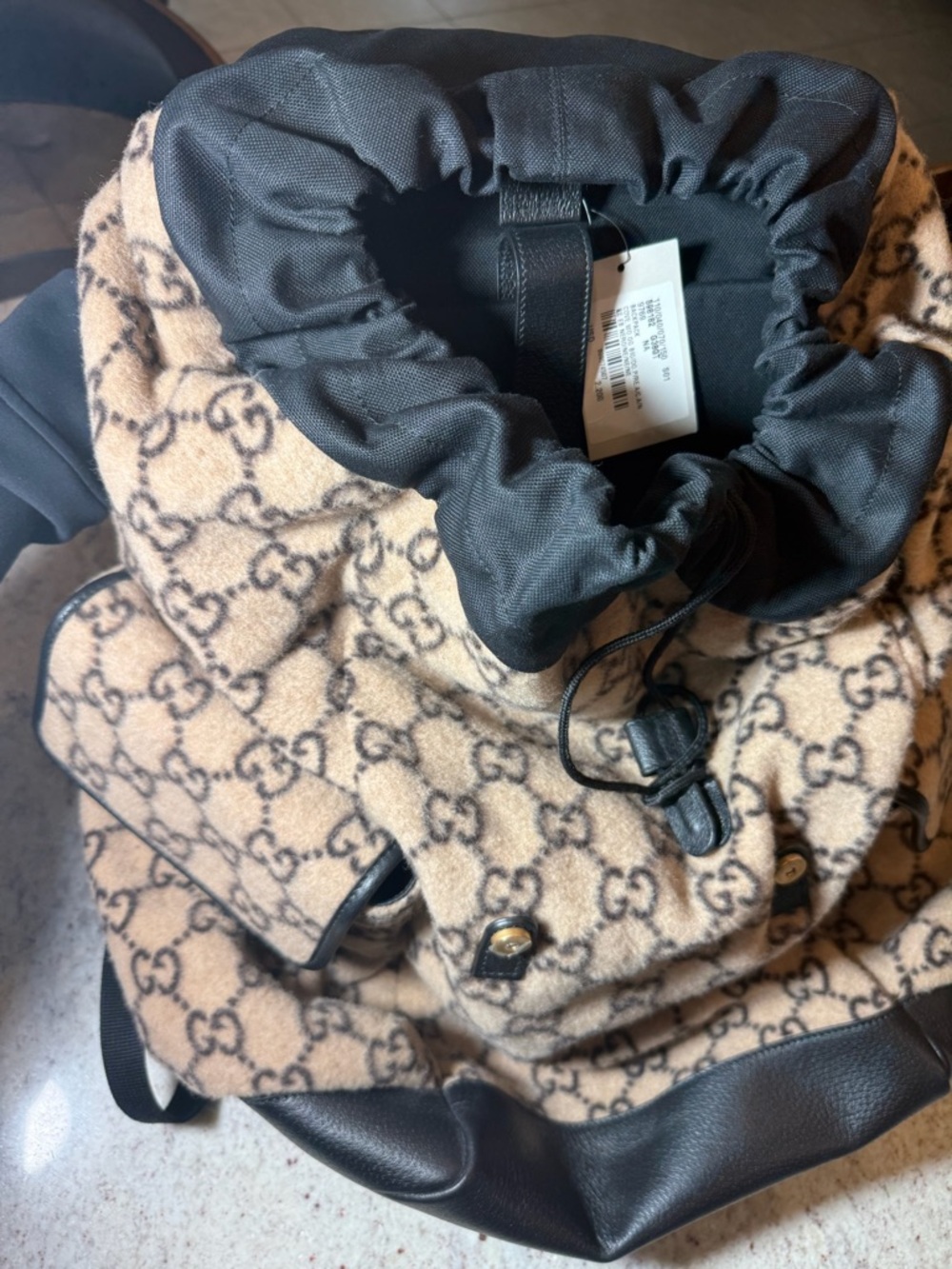 Gucci Black Leather Trim Backpack with Beige Monogram Detail - Picture 4 of 7